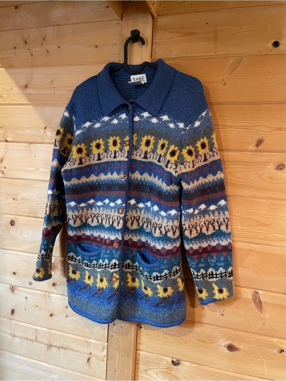 Gorgeous Blue Patterned Sunflower Wool Blend Cardigan Coat